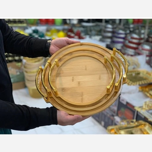 سینی ۳ تیکه تمام بامبو دسته طلایی