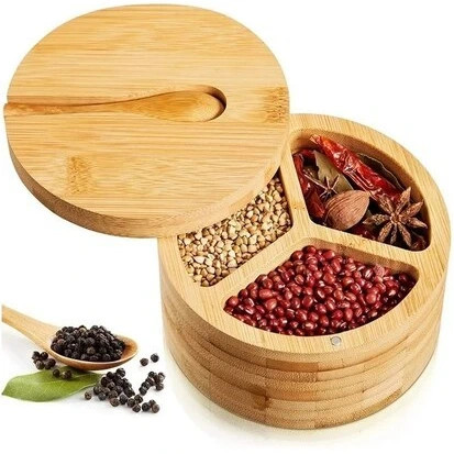 بانکه جا ادویه گرد ۳خانه قاشق دار درب مگنتی بامبو
