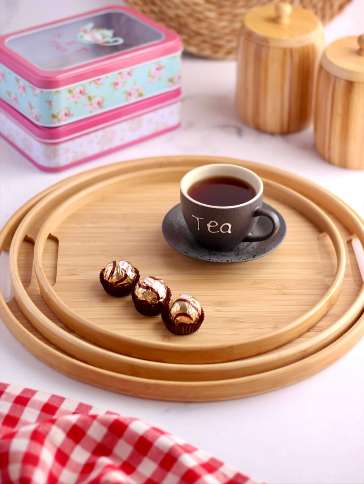 سینی گرد ۳ عددی تمام بامبو دسته دار