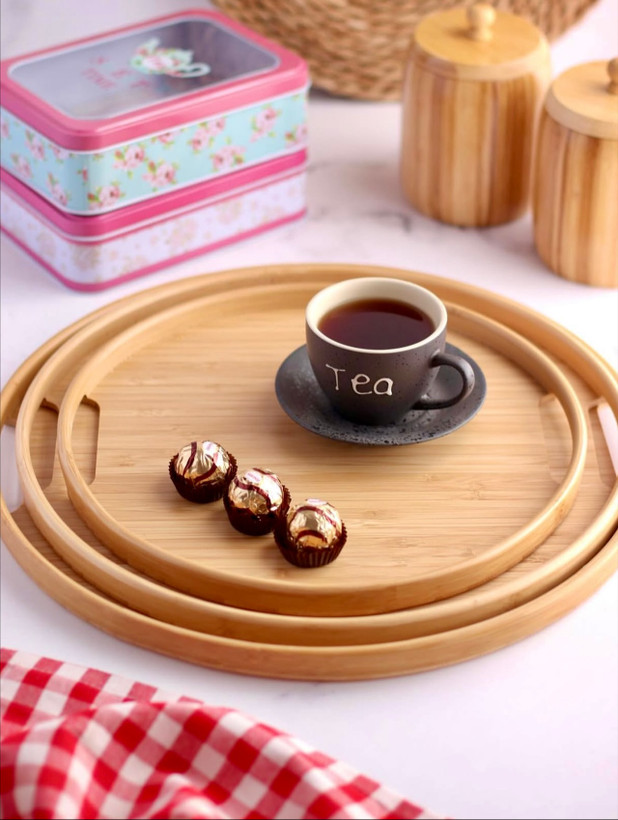 سینی گرد ۳ عددی تمام بامبو دسته دار