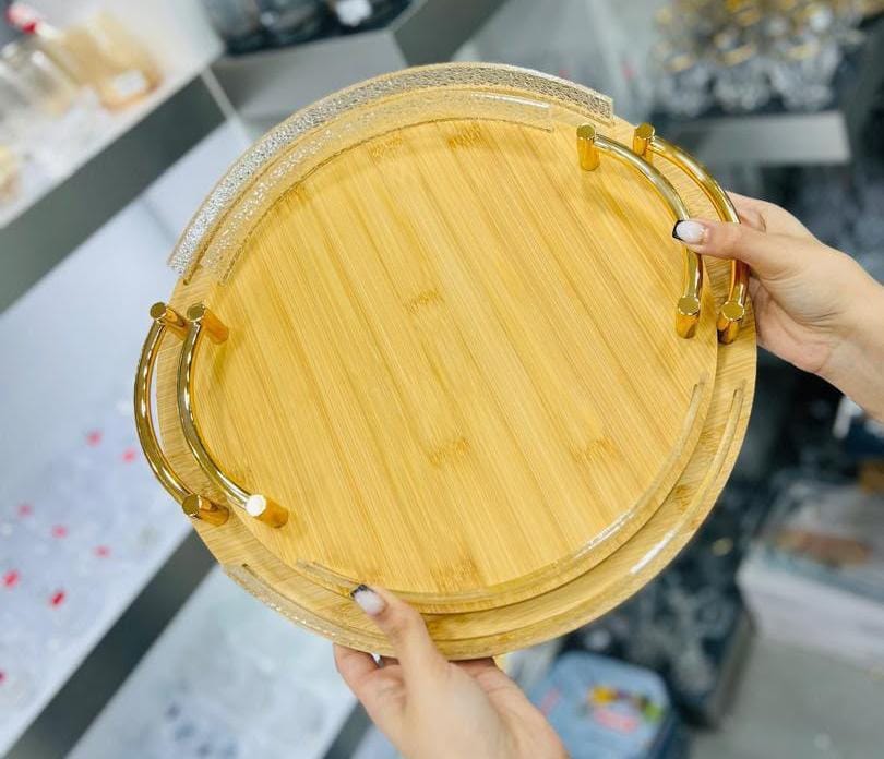 سینی ۲ عددی دسته طلایی بامبو دور اکرولیک بیضی و گرد