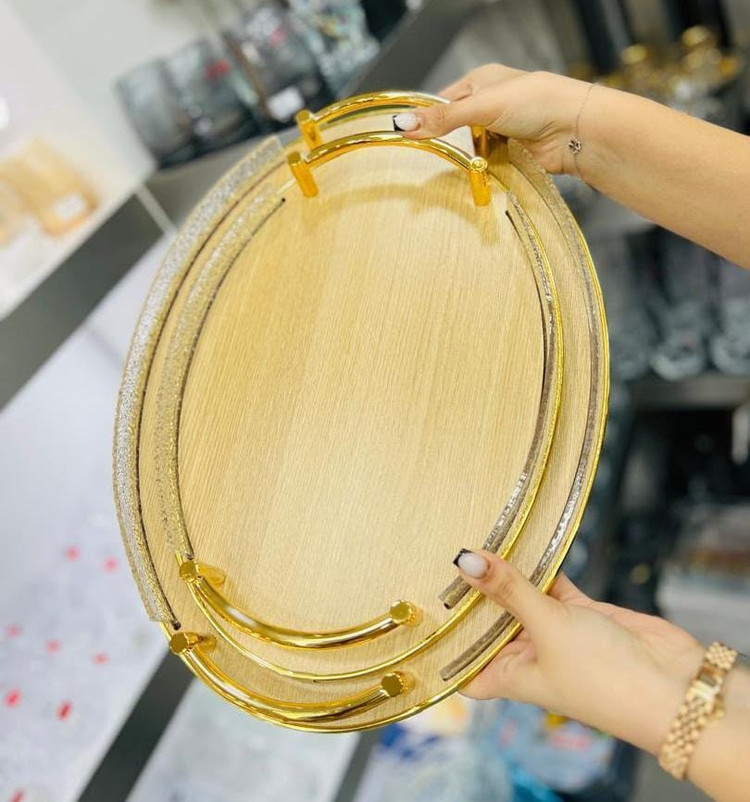 سینی ۲ عددی دسته طلایی بامبو دور اکرولیک بیضی و گرد