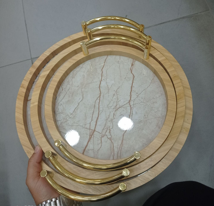 سینی ۳ عددی بامبو کف مرمری دسته طلایی