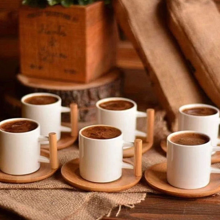ست چایی خوری و قهوه خوری سرامیکی دسته بامبو با زیره بامبو