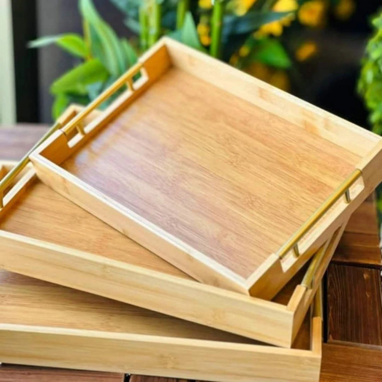 سینی ۳ عددی تمام بامبو مستطیل لبه دار دسته طلایی